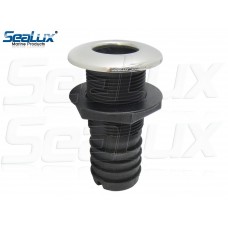 SeaLux Marine STRAIGHT Thru-Hull/Scupper Drain for Hose dia. 1-1/4 ", Flange dia. 2-3/8 " with 316 SS Trim Cover Black Poly for Bilge Pump