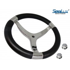 SeaLux Marine Premier Genuine Leather Comfort Grip 316 Stainless Steel 14" dia. 3-Spoke Sport Boat Yacht Steering Wheel (Color: Black)