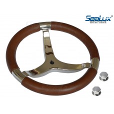 SeaLux Marine Premier Genuine Leather Comfort Grip 316 Stainless Steel 14" dia. 3-Spoke Sport Boat Yacht Steering Wheel (Color: Cherrywood Brown)