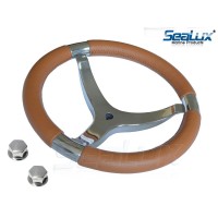 SeaLux Marine Premier Genuine Leather Comfort Grip 316 Stainless Steel 14" dia. 3-Spoke Sport Boat Yacht Steering Wheel (Color: Caramel Beige)