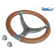 SeaLux Marine Premier Genuine Leather Comfort Grip 316 Stainless Steel 14" dia. 3-Spoke Sport Boat Yacht Steering Wheel (Color: Caramel Beige)