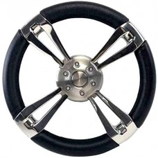 SeaLux Marine Premier Genuine Leather Stainless Steel 14" Diameter 4-Spoke Sport Boat Yacht Steering Wheel (BLK)